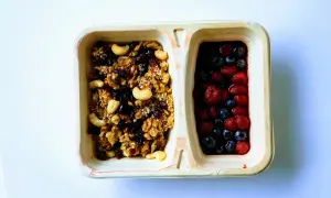Dwie przegródki pojemnika: jedna z granolą z orzechami i suszonymi owocami, druga z jagodami i truskawkami. Czy kasza jaglana ma gluten? Ta granola jest bezglutenowa!