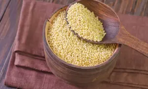 Kasza jaglana w drewnianej misce i łyżce. Czy kasza jęczmienna ma gluten? Jaglana jest bezglutenowa.