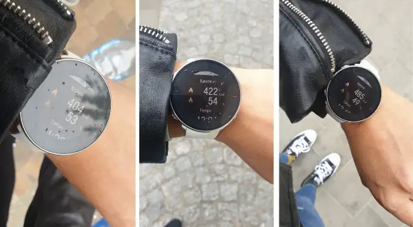 Zegarek pokazuje, ile kalorii spala spacer: 404, 422 i 485 kcal.