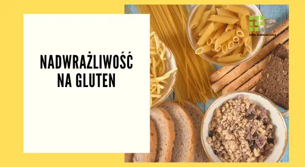 Kolaż produktów zawierających gluten: makaron, chleb, płatki śniadaniowe i paluszki.