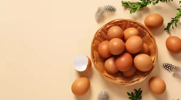 Koszyk pełen jajek, jedno pęknięte, piórka i gałązki zieleni. Makro zbliżenie na wiejskie jajko.