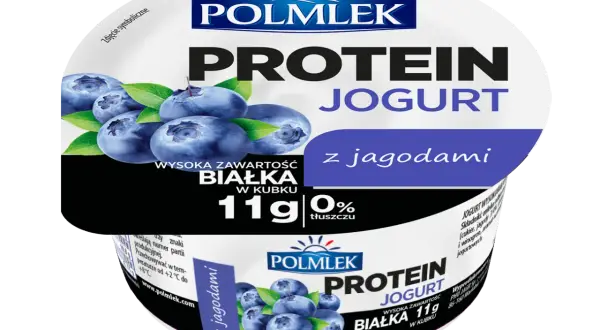 Jogurt proteinowy dla aktywnych, z jagodami. Wysoka zawartość białka 11g w kubku, 0% tłuszczu.