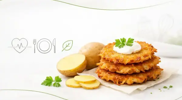 Stos placków ziemniaczanych z kleksem śmietany i natką pietruszki, obok ziemniaków. Zastanawiasz się nad placek ziemniaczany kcal?