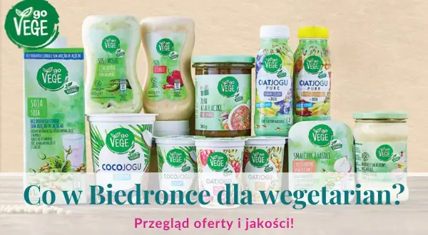 Różnorodne produkty roślinne marki Go Vege: sosy, jogurty, napoje, smalczyk i majonez.
