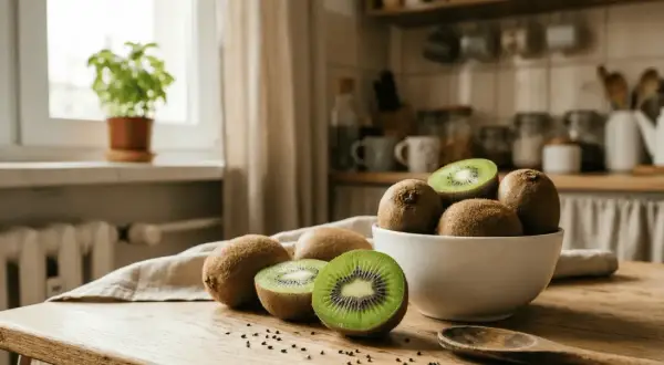 Na drewnianym stole leży miska pełna owoców kiwi. Kilka kiwi jest przekrojonych, ukazując ich zielony miąższ i czarne pestki.