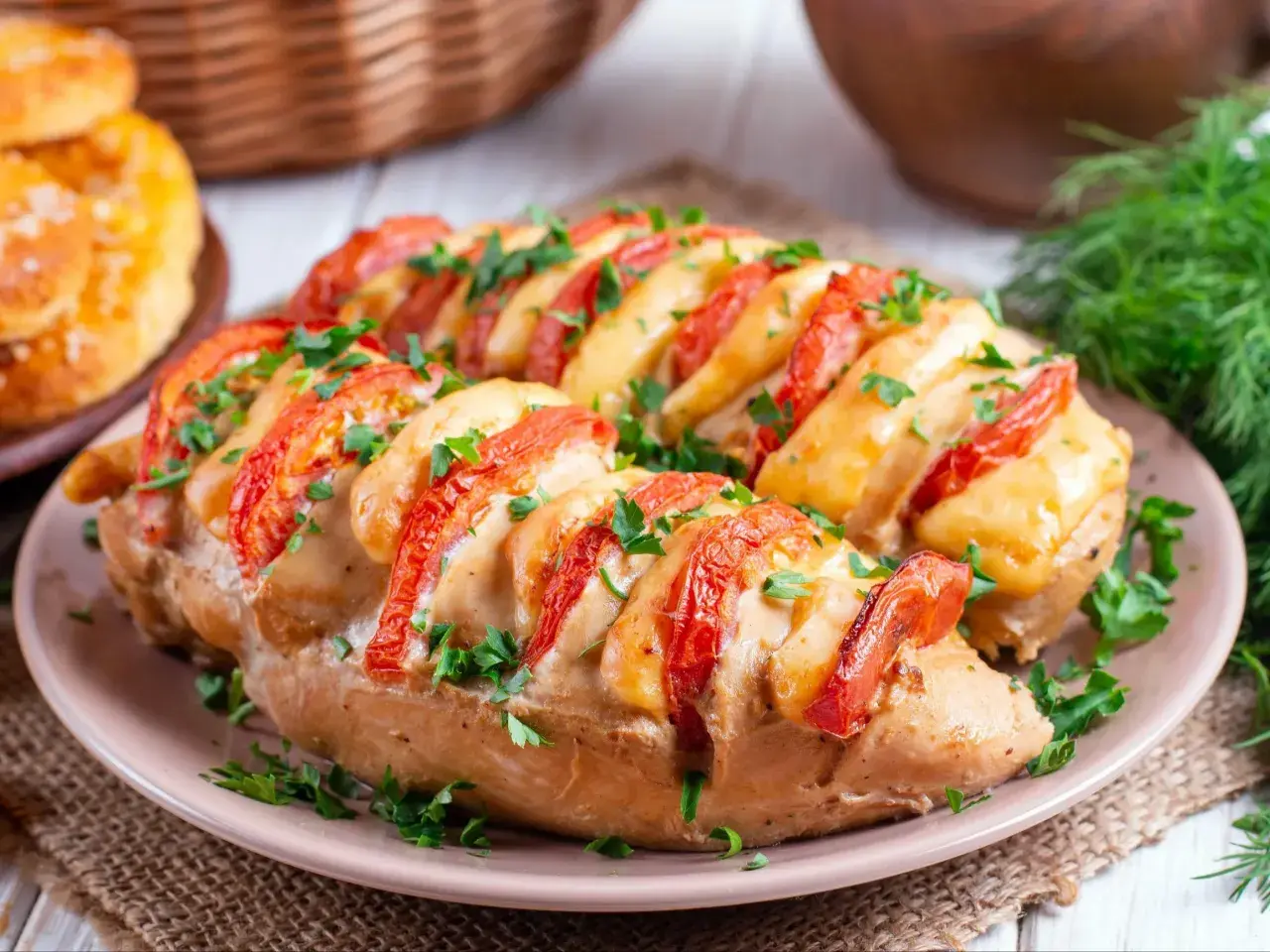 Pyszne pieczone piersi z kurczaka z pomidorami i serem, posypane natką pietruszki. Idealne co na obiad z kurczaka!