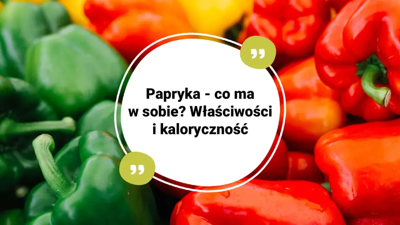 Kolorowe papryki, zielone, czerwone i żółte, z tekstem o ich właściwościach i kaloryczności. Niska papryka kcal.