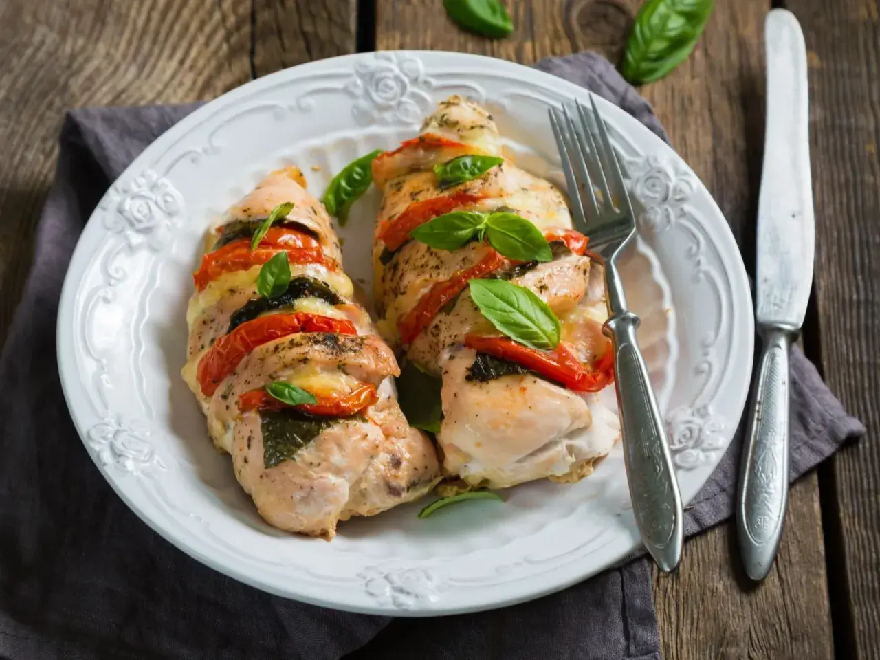 Pyszna pierś z kurczaka z suszonymi pomidorami i mozzarellą z piekarnika, udekorowana świeżą bazylią.