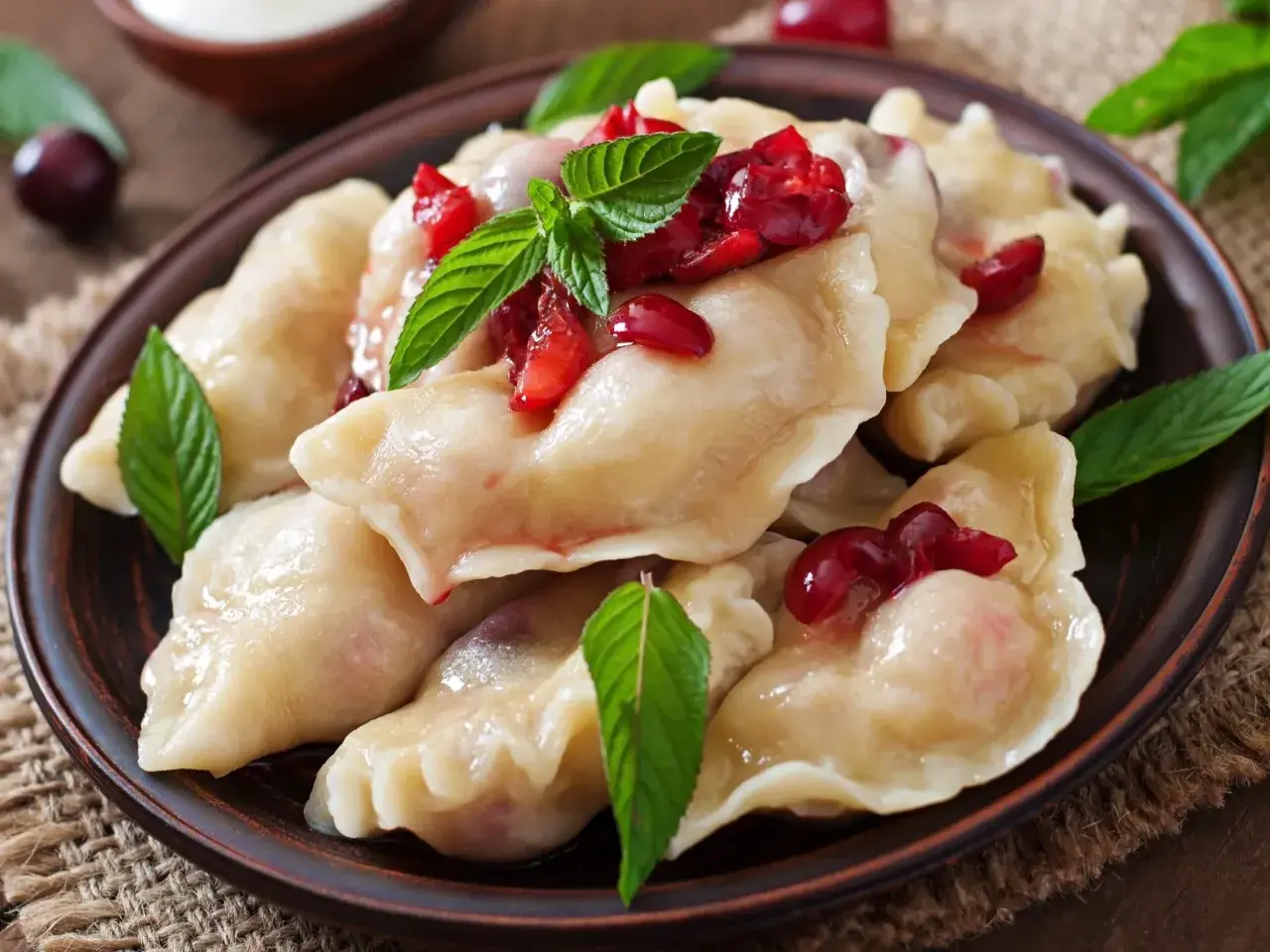 Pyszne, domowe ciasto na pierogi pieczone w piekarniku, podane z wiśniami i miętą.