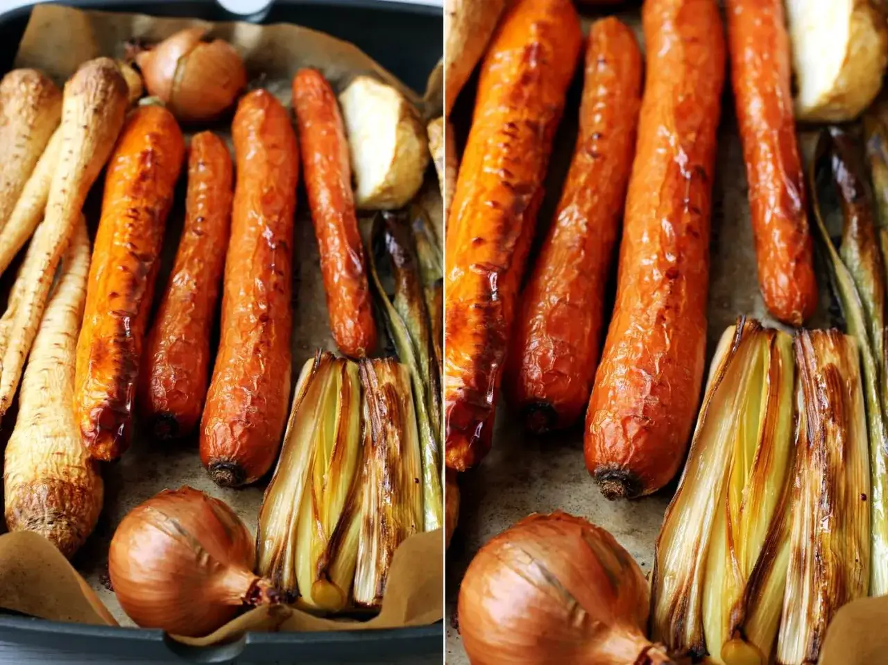 Pieczone warzywa: marchew, pasternak, cebula i por. Idealne do przygotowania aromatycznego rosół wegetariański.
