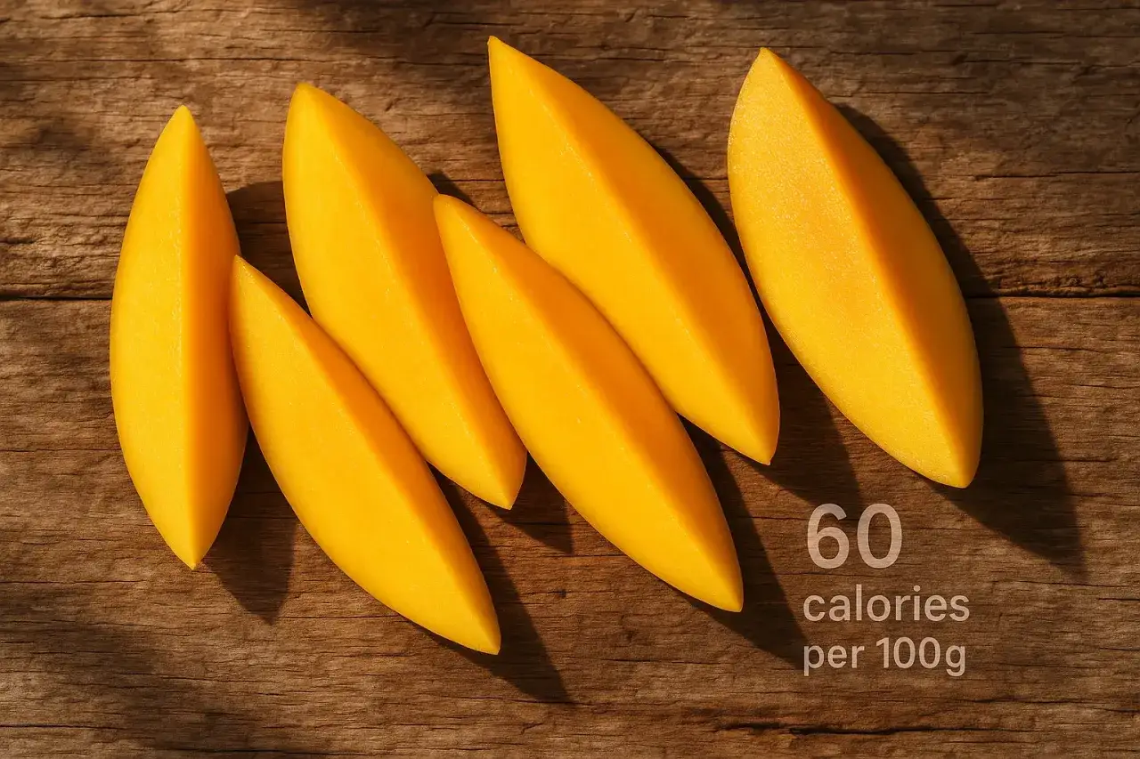 Sześć kawałków soczystego mango ułożonych na drewnianym blacie. Mango kcal: 60 na 100g.