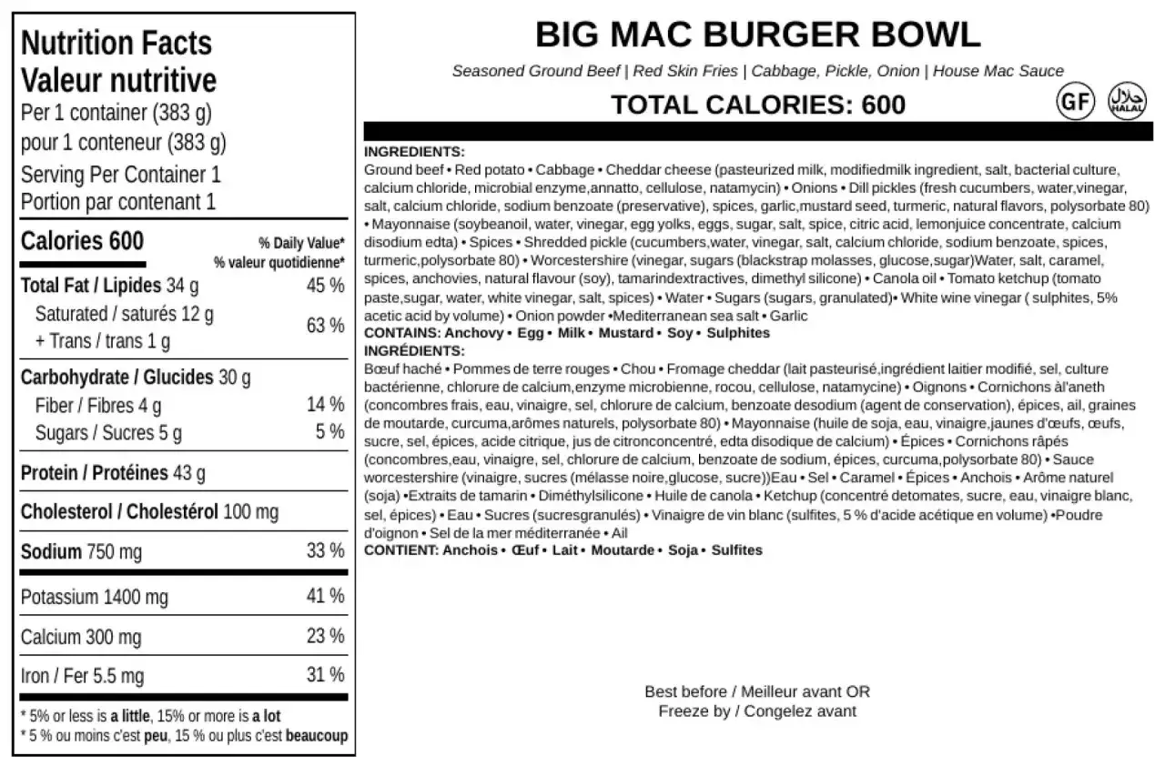 Big Mac Burger Bowl ma 600 kcal. Składa się z wołowiny, frytek, kapusty, ogórków i sosu.